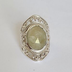 Vintage Boho Chunky Oval Faceted Green Amethyst Cabochon Sterling Silver Ring